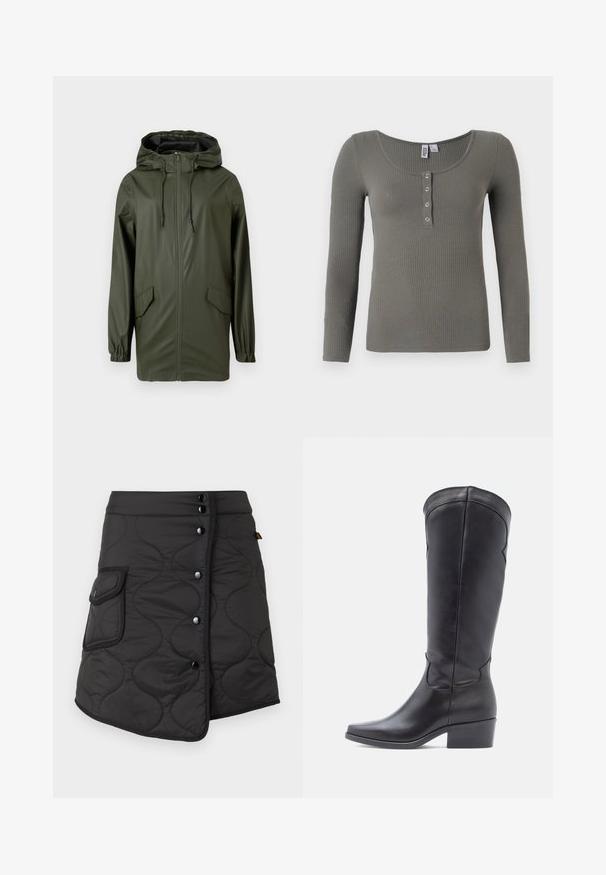 Chaqueta de lluvia impermeable verde, con capucha, cremallera frontal, puños elásticos y dos bolsillos laterales. Textura suave y diseño de longitud media.; Top de manga larga con canalé en verde oliva, escote redondo y cuatro botones a presión plateados en la tapeta frontal.; Falda negra acolchada con un dobladillo asimétrico, que presenta cinco botones oscuros y un bolsillo lateral con detalle de solapa redondeada.; Botas de cuero negras hasta la rodilla con puntera cuadrada y tacón bajo de bloque. Textura lisa y detalles sutiles de costuras en el eje.