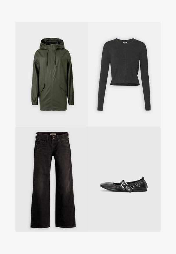 Groene waterdichte regenjas, met een capuchon, een voorruit, elastische manchetten en twee zijzakken. Glad textuur en middellange stijl.; Zwarte langesleeve crop top met een ronde halslijn, voorzien van een subtiele versleten textuur en een rechte zoom. Geen zichtbare hardware.; Zwarte wijde jeans met een licht vervaagde afwerking, voorzien van voorzakken, een ritssluiting en een knoopsluiting. Gemaakt van denim stof.; Zwarte leren platte schoen met een spitse neus, geplooide details rond de opening en een zilveren gespaccentueerde verstelbare band.