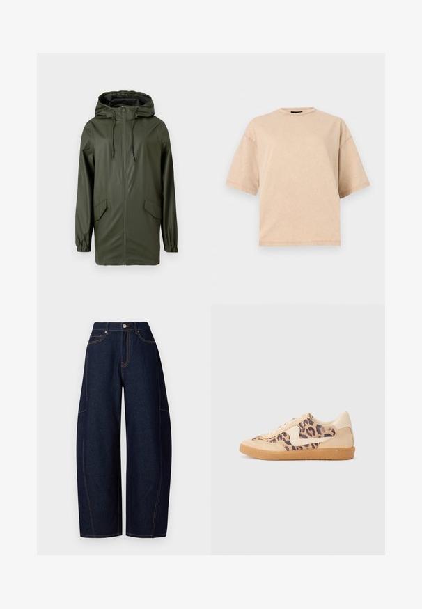 Grüne wasserdichte Regenjacke mit Kapuze, Frontreißverschluss, elastischen Bündchen und zwei Seitentaschen. Glatte Textur und mittellanges Design.; Beiges oversized T-Shirt mit kurzen Ärmeln und Rundhalsausschnitt, auf weißem Hintergrund dargestellt.; Hellebeine dunkelblaue Denim-Hosen mit kontrastierender orangefarbener Naht, fünf Taschen sowie einem Knopf- und Reißverschluss am Bund.; Löwenmuster-Sneaker mit beige Wildleder-Obermaterial, tanfarbener Gummisohle und weißen Akzenten. Runde Zehenform und Schnürdesign mit strukturiertem Finish.