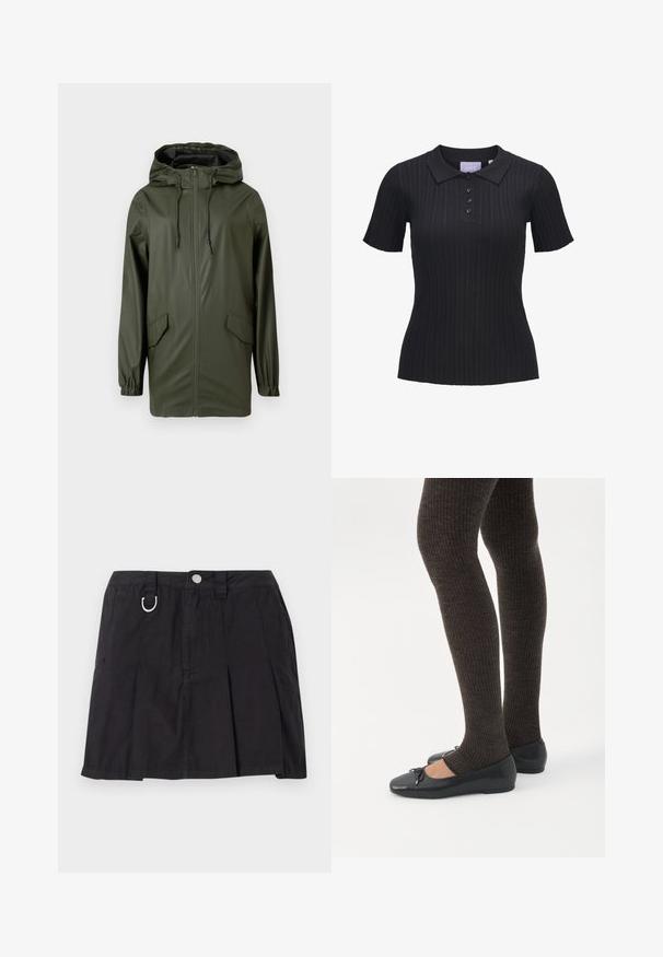 Chaqueta de lluvia impermeable verde, con capucha, cremallera frontal, puños elásticos y dos bolsillos laterales. Textura suave y diseño de longitud media.; Camiseta tipo polo negra de manga corta con tejido de punto acanalado, cuatro botones y cuello tradicional.; Falda negra plisada de algodón, con cierre de botones en la parte delantera, lazos para cinturón y un acento en forma de D en la cinturilla.; Piernas con leggings oscuros acanalados combinados con bailarinas negras que presentan pequeños detalles de lazo sobre un fondo blanco.