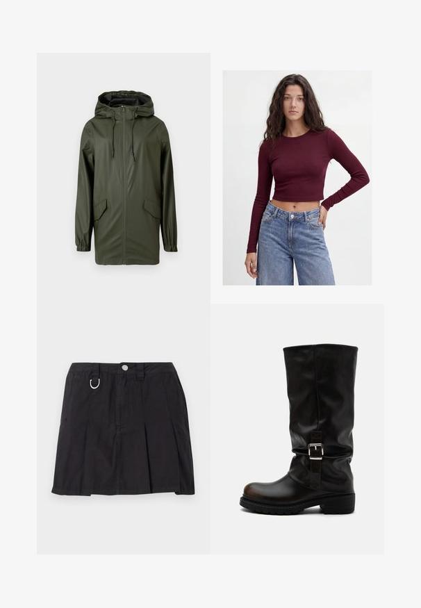Chaqueta de lluvia impermeable verde, con capucha, cremallera frontal, puños elásticos y dos bolsillos laterales. Textura suave y diseño de longitud media.; Joven con cabello largo y oscuro lleva una camiseta corta ajustada de mangas largas color granate y vaqueros azules de talle alto, de pie contra un fondo liso.; Falda negra plisada de algodón, con cierre de botones en la parte delantera, lazos para cinturón y un acento en forma de D en la cinturilla.; Bota alta de piel negra con punta redondeada, tacón bajo, correa con hebilla lateral y caña ligeramente caída sobre fondo blanco.