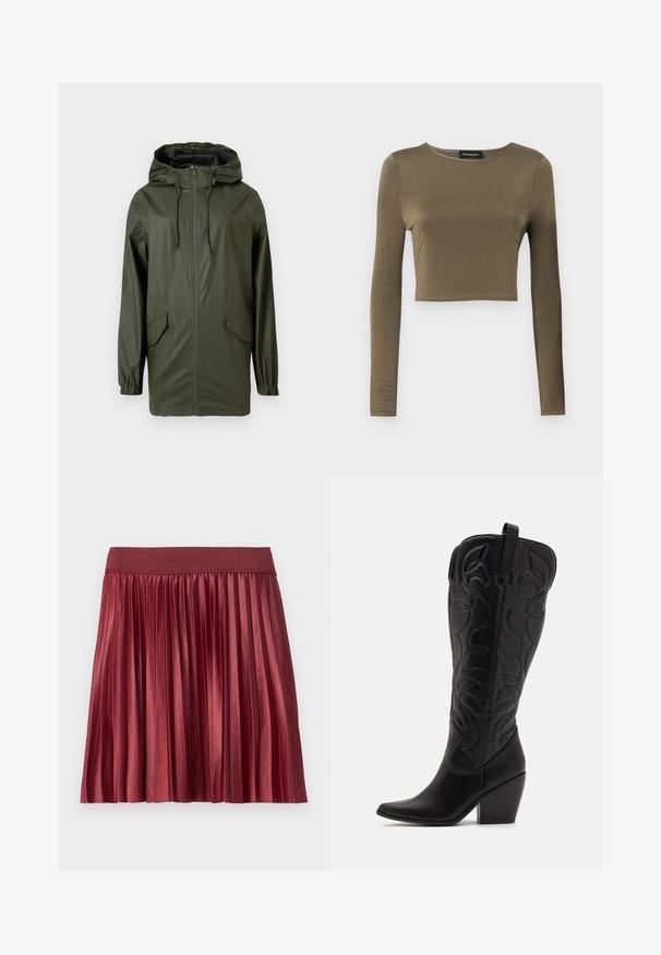 Grøn vandtæt regnjakke med hætte, frontlynlås, elastiske manchetter og to sidelommer. Glat tekstur og mellemlang design.; Oliven grøn, langærmet cropped top i et glat, strækbart stof; har en rund halsudskæring og en skræddersyet pasform med færdige kanter.; Plisseret nederdel lavet af skinnende, burgunder stof med en bred, elastisk talje. Længden er over knæet, med lodrette plisseringer over det hele.; Sorte knæhøje støvler i læder med spids snude og lagdelt hæl. Har dekorative syninger og buede designelementer.