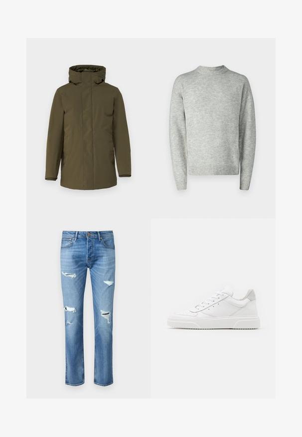 Olivovo zelená parka s vodoodolnou textíliou, so zipsom, nastaviteľnou kapucňou, dlhými rukávmi a bočnými vreckami. Hladká textúra, minimalistický dizajn.; Svetlý sivý pulóver, pletená textúra, okrúhly výstrih, dlhé rukávy, rebrovaný lem a manžety, voľný strih, minimalistický dizajn.; Svetlomodré džínsy s rovnou nohavicou, ktoré majú viaceré poškodené oblasti a roztrhnutia na kolenách. Medené akcenty.; Biele kožené tenisky s hladkým povrchom, zaoblenou špičkou, plochými šnúrkami a textúrovanou podrážkou. Sivý semišový akcent na päte.