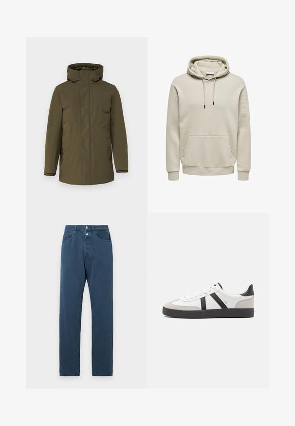 Olivgrüne Parkajacke, wasserdichtes Material, Reißverschluss, verstellbare Kapuze, lange Ärmel und Seitentaschen. Glatte Textur, minimalistisches Design.; Beiger Pullover-Hoodie mit Kordelzug, Kängurutasche, gerippten Bündchen und Saum, auf weißem Hintergrund dargestellt.; Blaue Jeans mit geradem Schnitt, hoher Taille, zwei Fronttaschen und einem Knopfverschluss. Der Stoff wirkt glatt und ungeschmückt.; Weiße Sneaker mit schwarz- und grau-aczenten, ausgestattet mit einer strukturierten grauen Zehenkappe, schwarzer Gummi-Sohle und flachen weißen Schnürsenkeln. Sauberes Design, minimalistische Stil.
