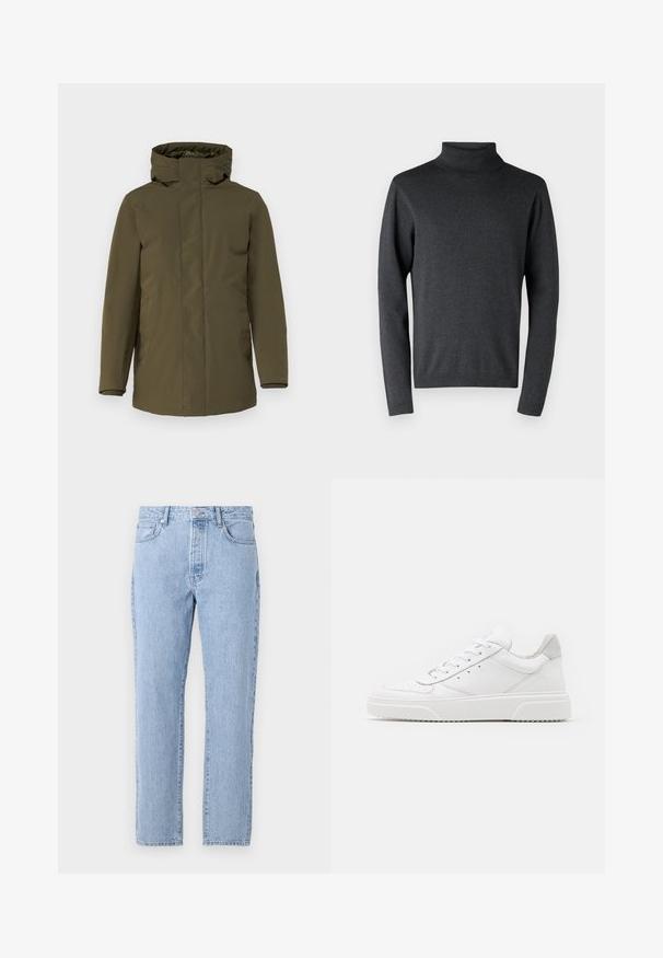 Oliivroheline parka jakk, veekindel kangas, tõmblukuga sulgemine, reguleeritav kapuuts, pikad varrukad ja küljetaskud. Sile tekstuur, minimalistlik disain.; Tumehall villane kaelussweater, mis on valmistatud pehmest materjalist, millel on pikad varrukad ja ribakootud mansetid ning hem, ühtlase ja siledaga tekstuuriga.; Heledad sinine denimipüks, sirge säärekujundusega, viis taskut ja nööbiga sulgemine. Pehme tekstuur ja klassikaline kulunud viimistlus.; Valged nahast spordijalatsid siledast nahast viimistlusega, ümarate varvastega, lamekestega ja tekstuuriga tallaga. Hall suede aktsent kanna juures.