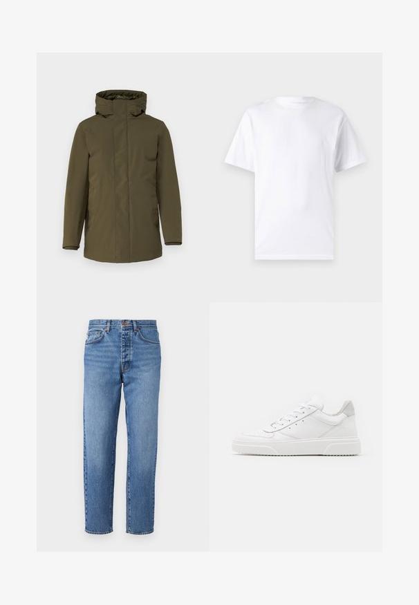Olivgrüne Parkajacke, wasserdichtes Material, Reißverschluss, verstellbare Kapuze, lange Ärmel und Seitentaschen. Glatte Textur, minimalistisches Design.; Weißes kurzärmeliges T-Shirt aus Baumwolle mit Rundhalsausschnitt, das eine glatte Textur und ein einfaches Design ohne Muster oder Akzente aufweist.; Hellblaues Denim-Jeanspaar mit geradem Schnitt, fünf Taschen und Knopfverschluss. Überwaschene Textur mit leichtem Ausbleichen an der Vorderseite.; Weiße Leder-Sneaker mit glatter Oberfläche, rundem Zehenbereich, flachen Schnürsenkeln und strukturiertem Schuhsohlen. Graues Wildleder-Detail an der Ferse.
