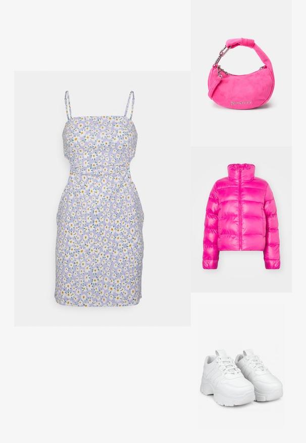 Chaqueta de plumas corta de color rosa brillante con cuello alto, que presenta una cremallera frontal completa y una textura acolchada en el cuerpo.; Even&Odd by Zalando STRAPPY OPEN WAIST BODYCON MINI DRESS (EO-SS23-C130-SP) / 802 - BLACK - Vestido ligero - lilac - 403_white - 001_yellow - 202; Las zapatillas blancas presentan un diseño voluminoso con una suela gruesa, paneles texturizados y un cierre de cordones. Están hechas de un material sintético suave.; Bolso de ante rosa con forma curva, asas cortas acolchadas, herrajes plateados y el logo "Juicy Couture" en cursiva en la parte delantera.