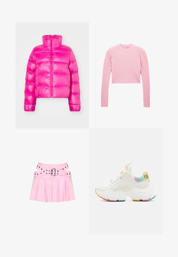 Chaqueta de plumas corta de color rosa brillante con cuello alto, que presenta una cremallera frontal completa y una textura acolchada en el cuerpo.; Suéter corto de canalé en rosa claro, con mangas largas y cuello redondo. Fabricado en un material suave con un acabado texturizado. Sin herrajes visibles.; Minifalda plisada rosa con cinturilla ancha de doble capa, hebilla plateada y múltiples ojales para sujeción y decoración.; Zapatilla deportiva blanca gruesa con detalles de arcoíris en el talón y la lengüeta, suela gruesa y texturizada con agarres multicolores, y cierre con cordones.