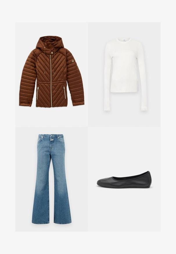 Veste matelassée marron avec capuche, fermeture éclair à l'avant, cordons de serrage, poches latérales zippées et patch logo sur la manche gauche.; T-shirt à manches longues blanc en coton doux. Il présente un col rond, une silhouette ajustée et une texture lisse. Pas de motifs ni d'accents.; Jean en denim bleu clair évasé avec une taille mi-haute, présentant des poches frontales, une fermeture à un bouton et des détails d'usure subtils.; Ballerines en cuir noir avec un bout rond, texture lisse, détails de couture minimalistes et design de semelle flexible.