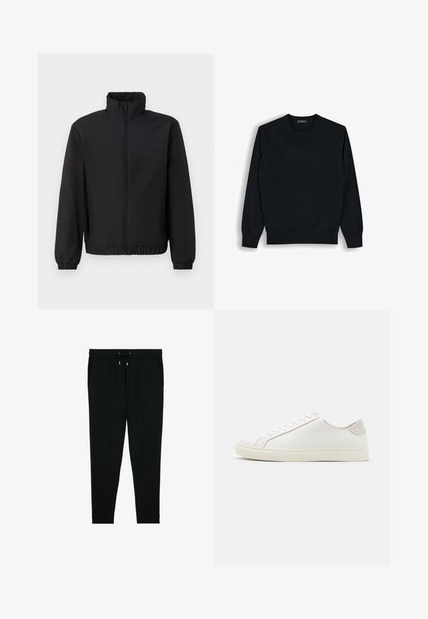 Chaqueta negra con un cuello alto, cremallera en el frente, puños elásticos y cinturilla. Textura suave, diseño simple sin patrones ni acentos.; Suéter negro de manga larga con cuello redondo, puños y dobladillo acanalados, colocado plano sobre un fondo blanco.; Pantalones deportivos negros ajustados con cintura elástica, cordón, bolsillos laterales y puños en los tobillos, colocados planos sobre un fondo blanco.; Zapatilla blanca de cuero con una superficie suave, punta redonda y diseño minimalista. Presenta acentos en beige en el talón y una suela de goma.