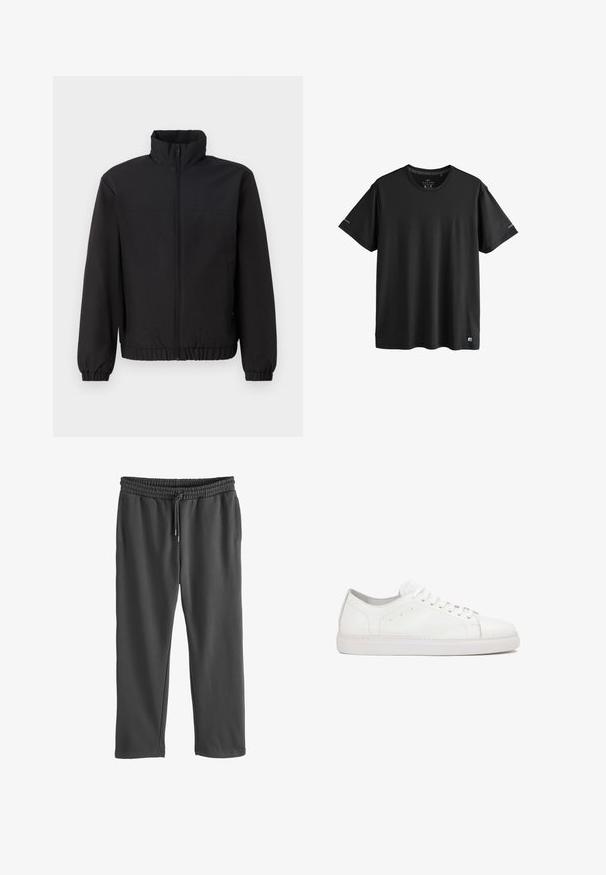 Schwarze Jacke mit hohem Kragen, vorderem Reißverschluss, elastischen Manschetten und Bund. Glatte Textur, einfaches Design ohne Muster oder Akzente.; Schwarzes, kurzärmeliges Activewear-T-Shirt mit Rundhalsausschnitt, dezenten Logos an den Ärmeln und am unteren Saum, Größe M.; Graue Sweatpants mit elastischem Bund und verstellbarem Kordelzug. Aus weichem Material gefertigt, mit seitlichen Taschen und lockerer Passform.; Weiße Ledersneakers mit einer glatten Textur, runder Zehenpartie, Schnürdesign und dezenten Steppnähten auf einer flachen Gummisohle.