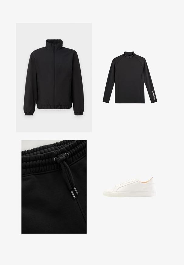 Schwarze Jacke mit hohem Kragen, vorderem Reißverschluss, elastischen Manschetten und Bund. Glatte Textur, einfaches Design ohne Muster oder Akzente.; Schwarzes Langarm-Sportoberteil mit Stehkragen, schlanker Passform und weißem "J.Lindeberg"-Logo am linken Ärmel und Kragen.; Schwarze Jogginghosen mit einem strukturierten, elastischen Bund mit Kordelzug, Metallspitzen an den Schnürsenkeln und einer glatten Stoffoberfläche.; Weiße Leder-Sneaker mit glatter Oberfläche, runder Zehenpartie und tonalen Schnürsenkeln. Verfügt über eine Gummisohle und ein minimalistisches Design mit dezentem Branding.