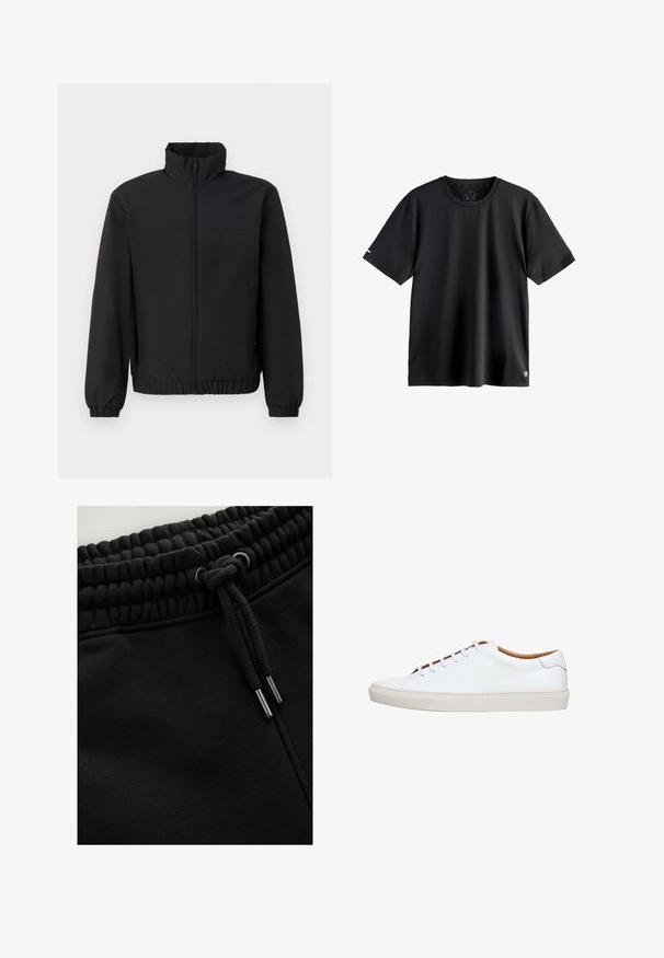 Schwarze Jacke mit hohem Kragen, vorderem Reißverschluss, elastischen Manschetten und Bund. Glatte Textur, einfaches Design ohne Muster oder Akzente.; Schlichtes schwarzes kurzärmliges Sport-T-Shirt mit Rundhalsausschnitt, mittlerem Größenetikett im Halsausschnitt und kleinem Logo am unteren linken Saum.; Schwarze Jogginghosen mit einem strukturierten, elastischen Bund mit Kordelzug, Metallspitzen an den Schnürsenkeln und einer glatten Stoffoberfläche.; Weißer Ledersneaker mit einer strukturierten Gummisohle, rundem Zehenbereich und kontrastierendem, braunem Innenfutter. Verfügt über fünf Ösen und weiße Schnürsenkel.