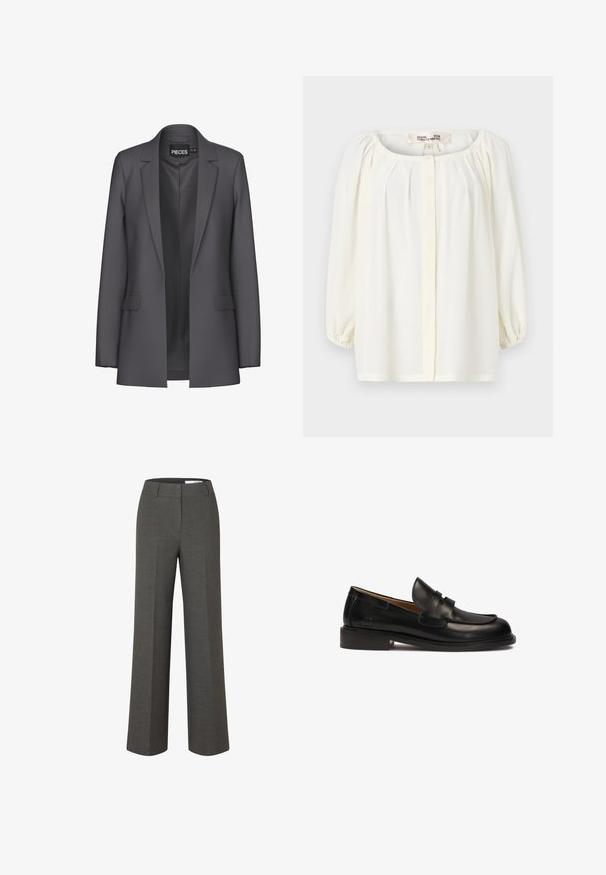 Grå blazer med skræddersyet design, skarpe revers og to frontlommer. Lavet af glat stof med en ren, moderne pasform.; Hvid bluse med en rund halsudskæring, plisseret front og trekvart puffærmer. Lavet af let stof med en blød tekstur.; Mørkegrå skræddersyede bukser med vide ben, frontbirl og taljebånd med bæltestropper på hvid baggrund.; Sort læder loafers med rund tå, dekoreret overrem og lav stablet hæl. Glat tekstur og minimale syninger.