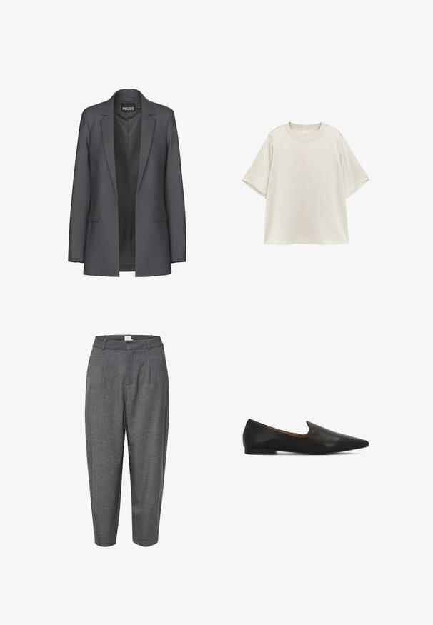 Grå blazer med skræddersyet design, skarpe revers og to frontlommer. Lavet af glat stof med en ren, moderne pasform.; Enkelt lysebeige T-shirt med kortærmet rund hals og afslappet pasform, vist fladt på en hvid baggrund.; Grå, tapered bukser lavet af struktureret stof; har folder og en glat talje med en skjult lukning.; Sorte læderballerinaer med spids tå, lav tekstureret hæl og et elegant udskåret område omkring vristen for nem at kunne tage dem af og på.