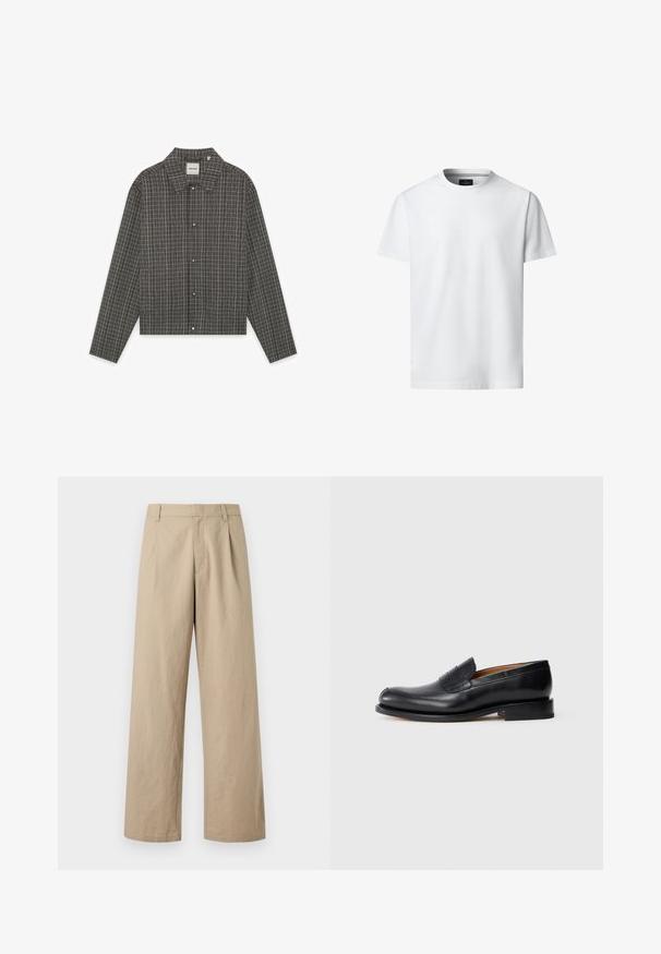 Veste-chemise pour homme à manches longues, en tissu gris à carreaux, avec boutons sur le devant et col. Coupe ajustée avec un motif à carreaux subtil.; T-shirt blanc uni à manches courtes et col rond, présenté sur un fond blanc, vue de face avec l'étiquette de la marque visible à l'intérieur du col.; Pantalon beige à jambes larges avec passants de ceinture, fermeture éclair devant, et plis, présenté sur fond blanc.; Mocassin en cuir noir avec une finition lisse, bout arrondi et un petit rabat à l'avant. Caractérisé par un petit talon noir uni et des accents de design minimaux.