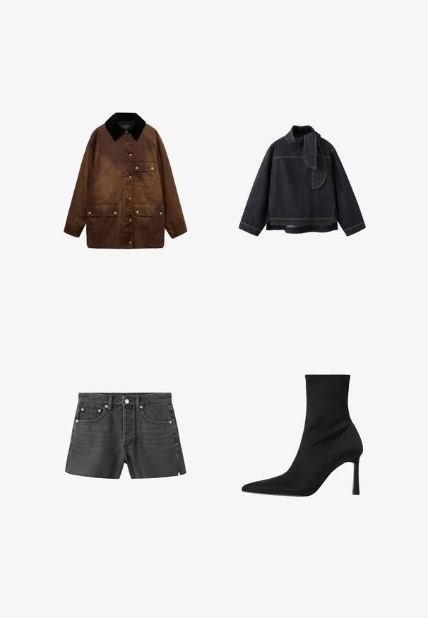 Braune gewachste Baumwolljacke mit schwarzem Cordkragen, vorderen Druckknöpfen und drei aufgesetzten Taschen mit Druckknopfverschlüssen.; Dunkle Jeansjacke mit hohem Kragen, langen Ärmeln und einem einzigartigen, schalähnlichen Detail. Kontrastnähte betonen das Design und die Form.; Schwarze Denim-Shorts mit vorderem Knopf, Gürtelschlaufen, zwei vorderen Taschen und kleinen seitlichen Schlitzen am Saum.; Schwarze Knöchelstiefel aus glattem Stoff, mit spitz zulaufender Zehe, schlankem, fitten Design und hohen Stiletto-Absätzen, mit minimalen Nähten.
