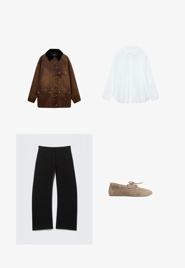 Braune gewachste Baumwolljacke mit schwarzem Cordkragen, vorderen Druckknöpfen und drei aufgesetzten Taschen mit Druckknopfverschlüssen.; Weiße langärmlige Hemdjacke mit spitzem Kragen und geknöpften Manschetten, flach auf einem weißen Hintergrund liegend.; Schwarze, weit geschnittene Hosen mit glatter Textur, ausgestattet mit zwei vorderen Taschen und einem elastischen Bund für Komfort.; Beiger Wildlederloafer mit Schnürsenkeln und Metallösen, flacher Sohle und Mokassin-ähnlicher Naht entlang der Zehenpartie, seitliche Ansicht.