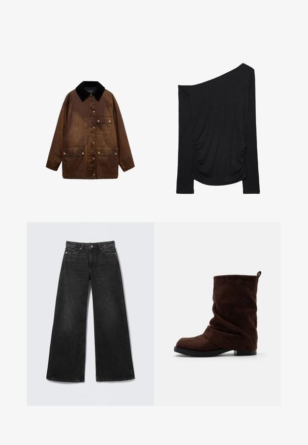 Braune gewachste Baumwolljacke mit schwarzem Cordkragen, vorderen Druckknöpfen und drei aufgesetzten Taschen mit Druckknopfverschlüssen.; Schwarzes langärmeliges Oberteil, bei dem eine Schulter frei ist, mit gerafften Stoffdetails an den vorderen Seiten.; Schwarze Jeans mit weitem Bein, fünf Taschen und Knopfverschluss, flach auf einem hellen Hintergrund dargestellt.; Dunkelbrauner Wildlederstiefel bis zur Mitte der Wade mit rundem Zehenbereich, niedrigem Absatz, schwarzer Sohle und Zuglasche hinten.