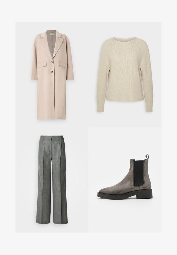 Beige uldblandingsfrakke med klapkrave, to forreste lommer, tre knapper og lige skæring, med blød tekstur og medium længde.; Lyserød strikket sweater med rund halsudskæring, raglanærmer og ribbede manchetter. Teksturen er blød med en afslappet pasform og minimal detaljering.; Grå vidde bukser lavet af tekstureret stof, med plisseringer, en flad front og et lige snit. Ingen synlige lommer eller pynt.; Grå læder chelsea støvle med tekstureret finish, elastiske sidedele, hængestrop og sort gummisål. Slank, taperet design med minimale accenter.