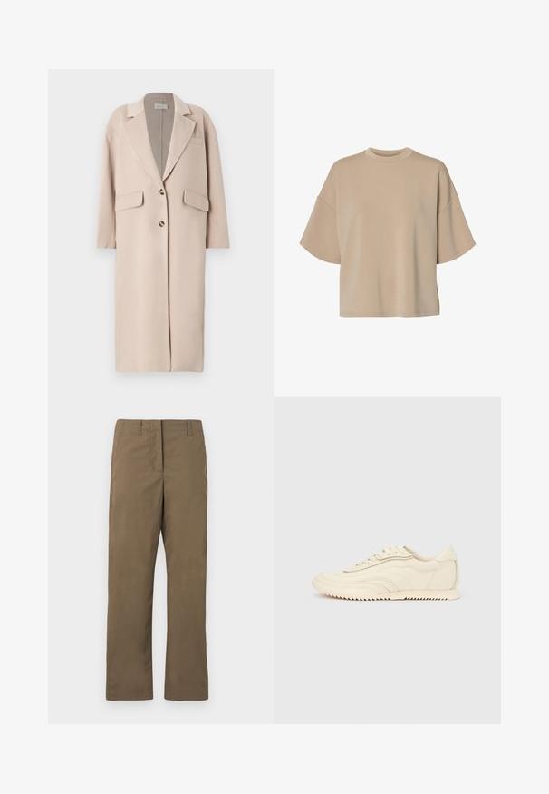 Beige uldblandingsfrakke med klapkrave, to forreste lommer, tre knapper og lige skæring, med blød tekstur og medium længde.; Beige oversized T-shirt med korte ærmer, rund hals og sænkede skuldre, vist på hvid baggrund.; Brune lige ben bukser lavet af blandingsbomuldsstof. Har bæltesløjfer, en forlommeslids og en glat overflade uden mønstre.; Lavprofileret sneaker i cremefarve med bølget syning, snørebånd og en rilleret sål, vist fra siden på en ensfarvet baggrund.