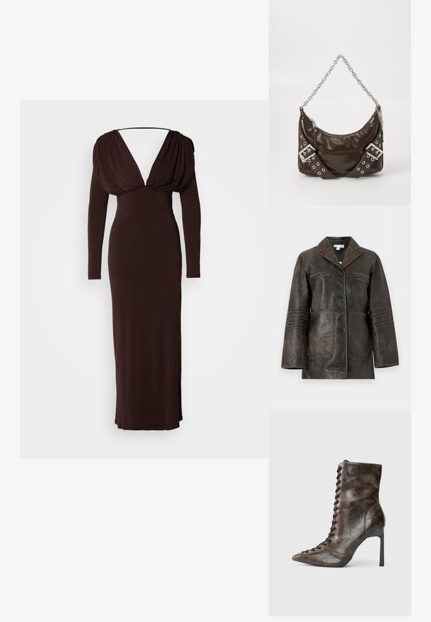 Veste en cuir marron foncé avec fermeture à boutons, deux poches poitrine passepoilées et deux grandes poches plaquées en bas, présentée sur fond blanc.; Robe longue marron en tissu extensible, avec un décolleté en V profond et des manches longues drapées. Silhouette élancée avec une traîne discrète.; Bottine en cuir marron avec un bout pointu et un talon aiguille haut. Présente un laçage à l'avant et une finition texturée avec un motif froissé.; Sac à main en cuir verni marron foncé avec une bandoulière en chaîne argentée, des ceintures décoratives à double boucle et une fermeture éclair.