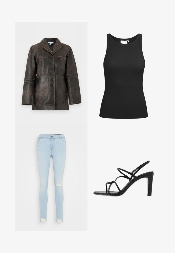 Veste en cuir marron foncé avec fermeture à boutons, deux poches poitrine passepoilées et deux grandes poches plaquées en bas, présentée sur fond blanc.; Débardeur noir en tissu côtelé, avec un décolleté en forme de rond et une coupe ajustée. Coutures plates et sans ornements. Design simple et épuré.; Jean skinny bleu clair en denim, avec des déchirures aux genoux et des ourlets effilochés, dotés d'une taille standard et d'un design à cinq poches.; Sandales noires à talons avec des fines lanières, une finition texturée, bout ouvert et un design de talon pointu et élégant. Équipées d'une semelle intérieure lisse et d'une surface brillante.