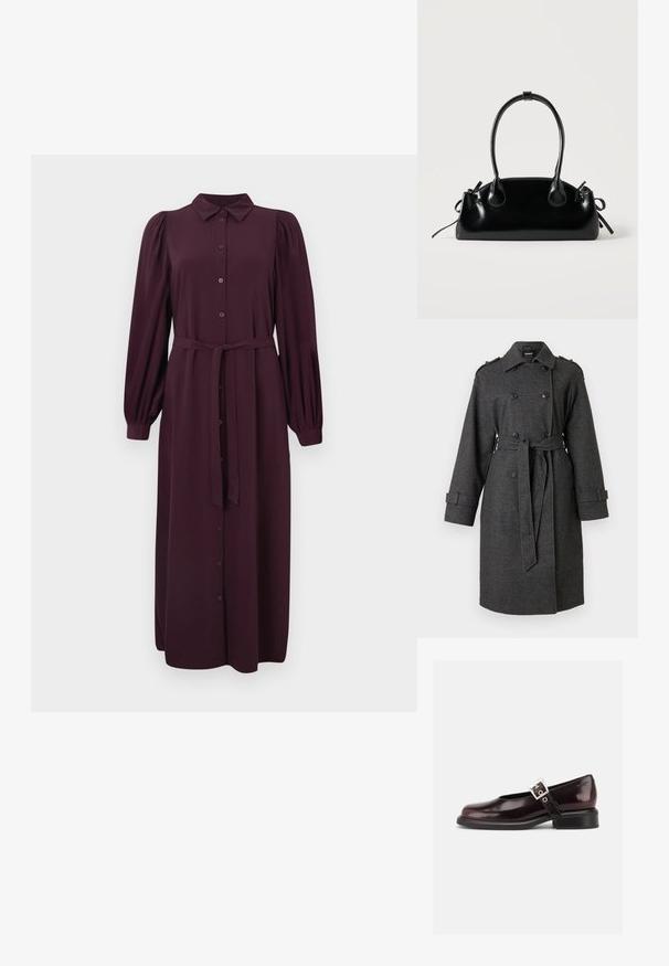Manteau trench gris à double boutonnage avec ceinture, en tissu texturé. Caractéristiques des épaulettes aux épaules et des poignets boutonnés.; Robe longue bordeaux avec un col, des boutons sur le devant et des manches bouffantes. Présente une ceinture à la taille et une texture de tissu lisse.; Chaussure Mary Jane unique brillante couleur bordeaux foncé avec une large bride et une boucle argentée, talon bloc bas et bout arrondi sur fond blanc.; Petit sac à main noir brillant avec deux longues anses et des détails à cordon sur les côtés sur un fond clair uni.