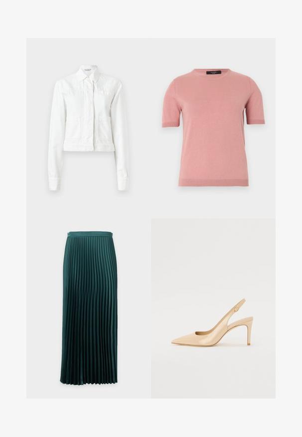 Veste courte blanche en coton, avec des manches longues, un col, deux poches avant et de subtils détails de couture.; Pull tricoté rose pâle à manches courtes avec col rond et poignets et ourlet côtelés, présenté sur un fond uni clair.; Jupe plissée mi-longue vert foncé avec une taille ajustée et des plis verticaux uniformément espacés.; Escarpin slingback en cuir verni nude avec un bout pointu, un décolleté ouvert et un talon aiguille fin. Comprend un accent doré circulaire sur la sangle.