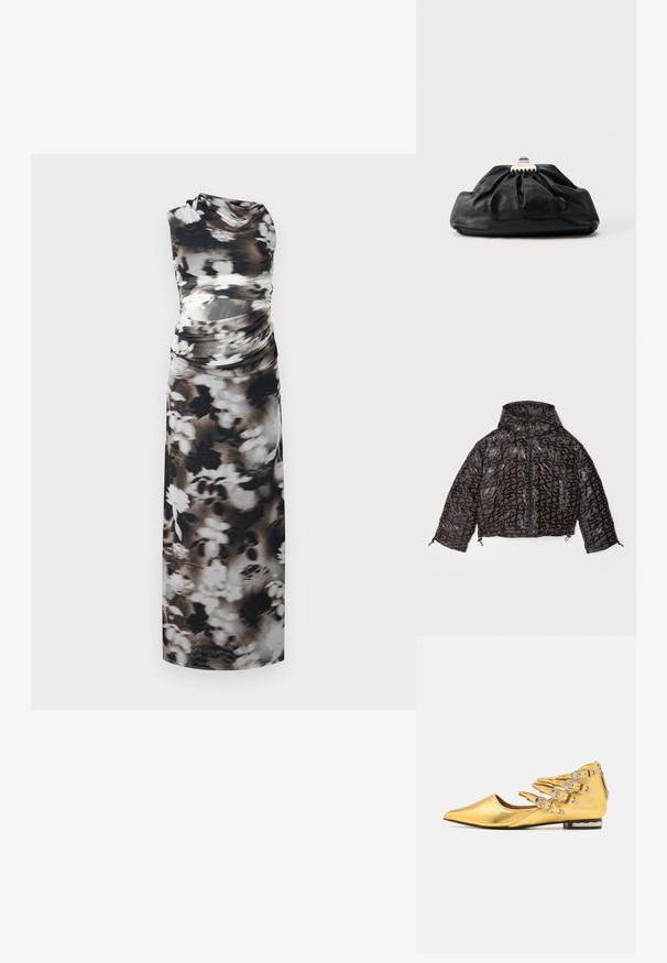 Stine Goya HOODED LONG SLEEVE PUFFER PADDED OUTERWEAR - Winterjas - brown/black; Maxi-jurk van zachte stof met een zwart-wit-grijze bloemenprint. Ontwerp met één schouder en met geraffineerde details bij de taille.; Metallisch gouden platte schoen met een puntige neus. Voorzien van meerdere zilverkleurige gespen en een lage hak met een gestructureerde zool.; Zwarte leren clutch met een geplooide textuur, metalen sluiting en een subtiel geperst logo aan de voorkant. Afgeronde vorm.