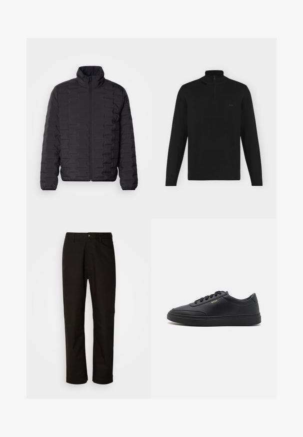 Doudoune noire avec un col haut, présentant un design matelassé et une fermeture éclair à l'avant. Matériau lisse et léger, idéal pour garder la chaleur.; Pull noir à manches longues avec col montant et demi-zip, poignets et ourlet côtelés, avec petit logo "BOSS" sur la poitrine gauche.; Pantalon en coton noir avec une coupe droite, des passants de ceinture, une fermeture éclair à l'avant et un seul bouton. Texture lisse sans motifs visibles.; Baskets en cuir noir avec une texture lisse, bout rond, semelle en caoutchouc plate et lacets ton sur ton. Présente une marque "BOSS" dorée sur le côté.