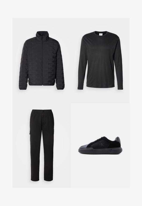 Zwarte pufferjack met een hoge kraag, voorzien van een quilted ontwerp en een ritssluiting aan de voorkant. Gladde, lichte stof, ideaal voor warmte.; Zwarte longsleeve crewneck shirt van Calvin Klein met klein CK-logo op de linkerborst, weergegeven op een witte achtergrond.; Zwarte cargobroek van duurzaam materiaal; heeft een elastische tailleband, voor- en zijzakken en een recht model.; Zwarte lage sneaker met dikke zool, veters aan de voorkant en een subtiel "cK"-logo op het zijpaneel.