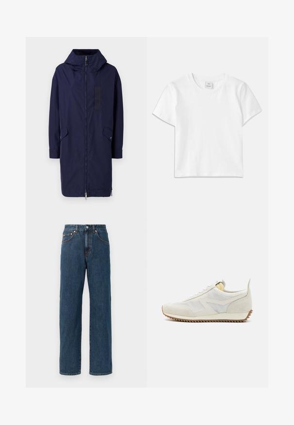 Imperméable bleu marine avec une capuche, fermeture éclair sur toute la longueur, poches latérales et un patch rectangulaire en velcro à l'avant. Fabriqué en matériau lisse et résistant à l'eau.; T-shirt en coton blanc avec un col rond, des manches courtes et un ourlet droit. Étiquette marquée "Won Hundred" au centre de l'encolure.; Jeans en denim bleu foncé avec une coupe droite. Comprend cinq poches, des détails de couture subtils et une fermeture à bouton au niveau de la taille.; Baskets blanches avec des panneaux en maille et des accents en daim, dotées d'une semelle en caoutchouc avec un motif en zigzag et d'un col rembourré de couleur jaune doux.