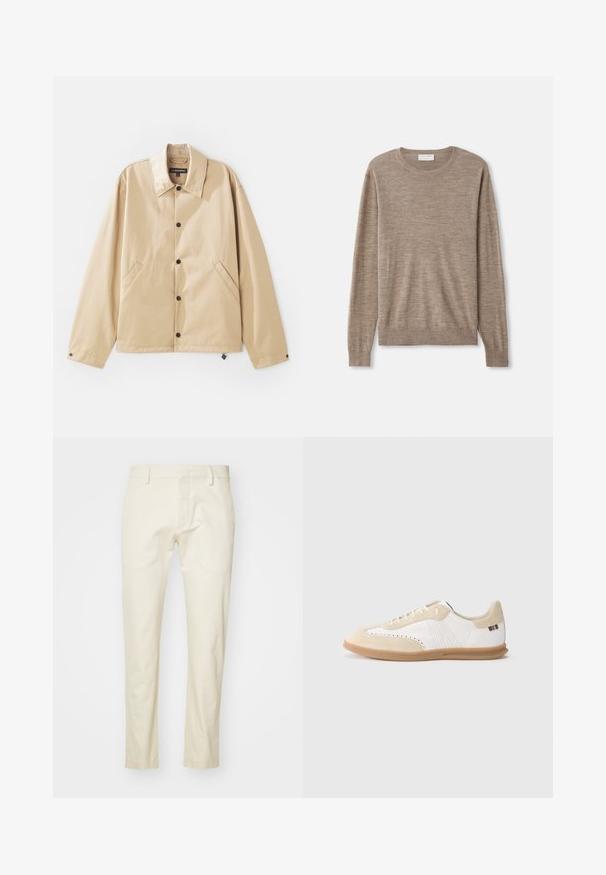 Beige leichte Jacke mit Kragen, Druckknopfverschluss, Seitentaschen und glatter Oberfläche. Mit einem Markenetikett innen.; Beiger Pullover aus feinem Strickmaterial. Mit Rundhalsausschnitt, langen Ärmeln und gerippten Bündchen sowie Saum. Einfaches und zeitloses Design.; Beige Baumwollhosen mit geradem Bein, Reißverschluss vorne und flachen Taschen. Strukturierter Stoff mit glatter Oberfläche.; Weißer Sneaker mit hellbeigen Wildledereinsätzen, perforierten Details, flachen Schnürsenkeln und einer Gummisohle in Karamellfarbe. Mit gestreiftem Markenlogo an der Ferse.