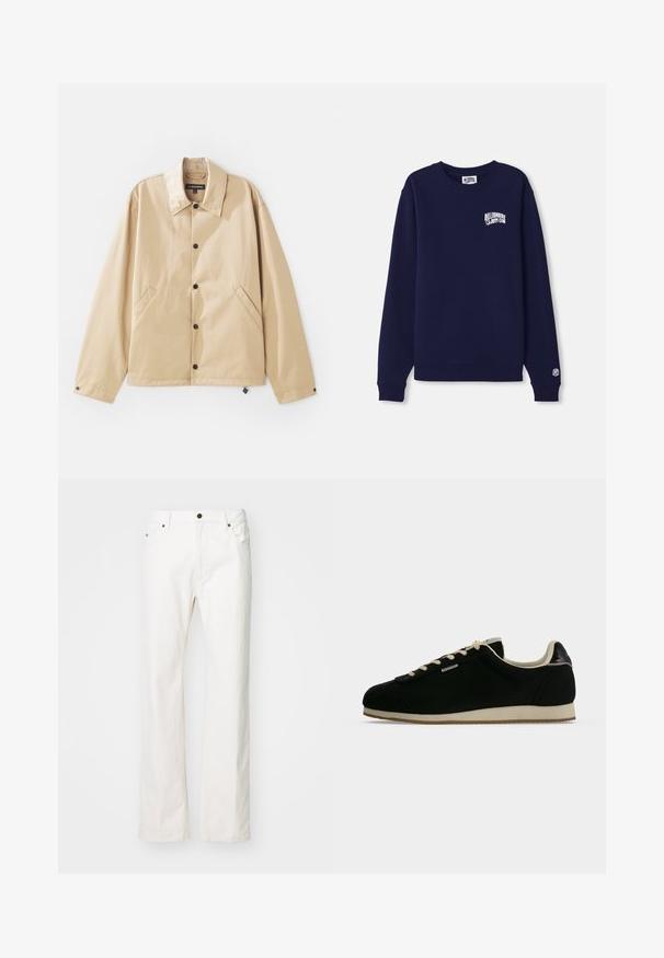 Lichte tan jack met een kraag, drukknopen, zijzakken en een gladde textuur. Beschikt over een merklabel aan de binnenkant.; Donkerblauwe crewneck sweatshirt van katoen met een klein wit logo op de borst en een logo-op-patch op de manchette. Klassieke pasvorm, ribbelboord.; Witte denim jeans met een rechte pijp ontwerp, voorzien van vijf zakken, een metalen knoopsluiting en minimale stikseldetails.; Zwarte lage sneaker met beige veters, beige zool en gevoerde kraag met een klein metalen merklabel aan de zijkant.