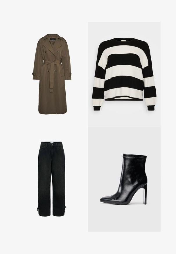Vero Moda VMCHLOE - Trenchcoat - chocolate chip; Stribet sort-hvid strikket sweater med rund hals, lange ærmer, ribbede manchetter og blød tekstur, med vekslende brede striber.; Sorte jeans med højtaljede og vide ben, med forlommer, knaplukning og justerbare snore nær den nederste kant på begge ben.; Sorte læder ankelstøvle med spidse tæer og høj klar hæl. Glat tekstur og minimal syning på overmaterialet.