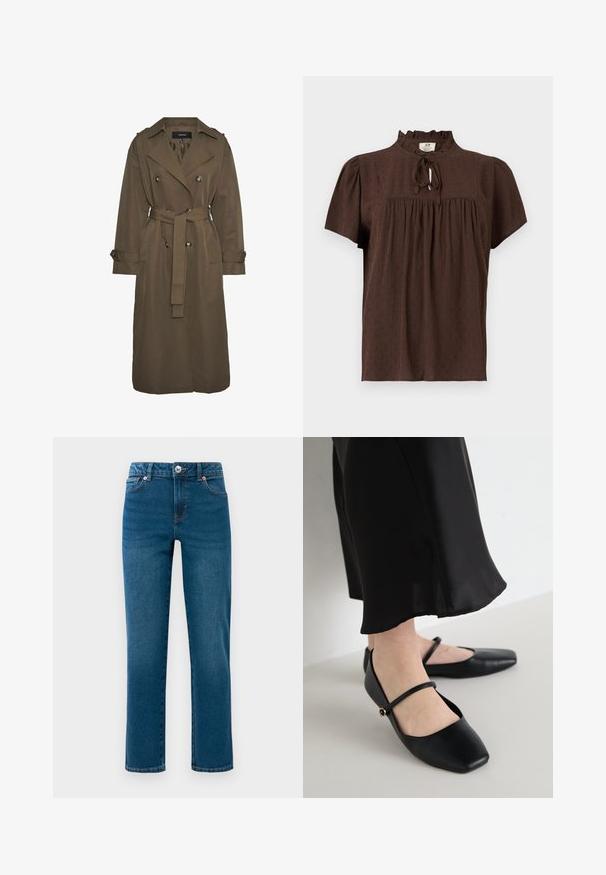 Vero Moda VMCHLOE - Trentšmantel - chocolate chip; Pruun lühikeste varrukatega pluus tekstuurse kangaga, kogutud õmblusega, volangidega kaelusega ja ees lipsuga kinnitusega.; Sinised sirged teksapüksid viie taskuga, nupuga ja tõmblukuga kinnitamine ning vöörihmadega, esitatud valgel taustal.; Mustad mustad kingad ruudu varbaga, valmistatud siledast nahast, koos ühe rihmaga üle jala ning väikese dekoratiivse aktsendiga.