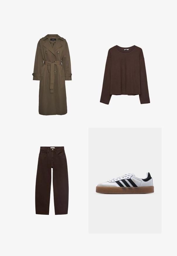 Vero Moda VMCHLOE - Trenchcoat - chocolate chip; Bruine trui met een relaxte pasvorm, geribbelde halslijn en lange mouwen. Glad materiaal met een ronde zoom en geen zichtbare patronen of accenten.; Bruine denim jeans met een relaxte pasvorm, voorzien van vijf zakken, riemlussen en een klassieke ritssluiting. Soepele structuur en recht pijpontwerp.; Witte leren sneakers met zwarte strepen, gumrubberen buitenzool, ronde neus, vetersluiting en een zachte grijze suède neuskap.