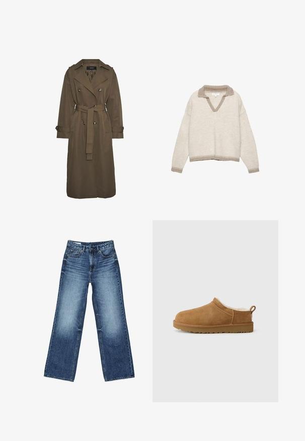 Vero Moda VMCHLOE - Trenchcoat - chocolate chip; Lichtbeige gebreide trui met een V-hals, geribde kraag en manchetten in een donkerdere taupekleur. Losse pasvorm met een cropped zoom.; Blauwe spijkerbroek met een vervaagde wassing op de dijen, rechte wijde pijpen, voorkant met knopen, rits en vijf zakken.; Bruine suede instap schoen met een zachte, witte bontvoering, vlakke rubberen zool, ronde neus en een kleine trekflap aan de hiel.