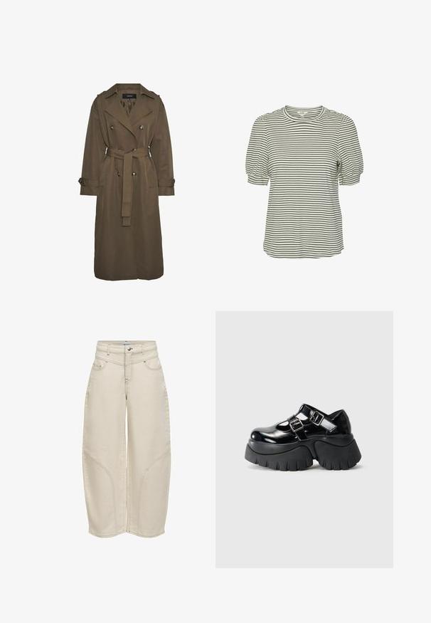 Vero Moda VMCHLOE - Trenchcoat - chocolate chip; Broget kortærmet t-shirt i off-white og sort med rund hals og samlet detalje på de puffede ærmer, lavet af blødt stof.; Buks i cremefarvet med vide ben, med for- og baglommer, bæltestropper og buede sømdetaljer på benene.; Sorte patentlæder platform sko med to justerbare spænder, chunky gummisål og udskæringsdesign på den øverste overflade.
