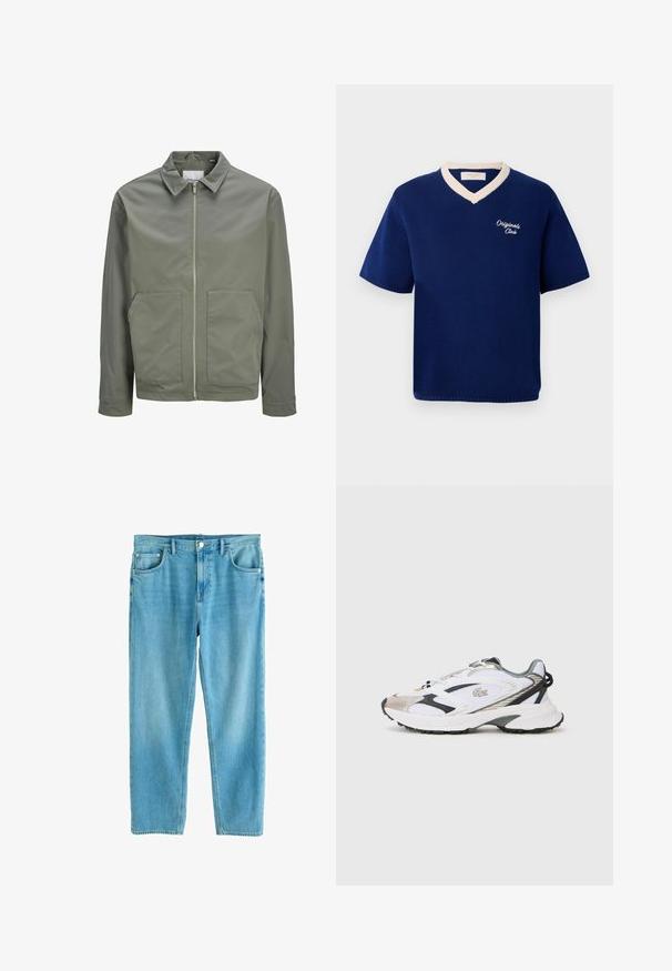 Jack & Jones JJWINSON WORKER - Kevyt takki - agave green; Sinih lycra pendi dengan lengan pendek dan trim leher V krem, serta bordir "Originals Club" di dada kiri.; Vaaleansiniset suorat farkut etutaskuilla, vyölenkeillä, napillalisäyksellä ja perinteisellä viiden taskun tyylillä.; Valkoinen urheilushoe, jossa on hopea- ja mustat yksityiskohdat, verkkokangasta yläosassa, teksturoitu pohja ja virtaviivainen muotoilu, jossa on logo sivussa.