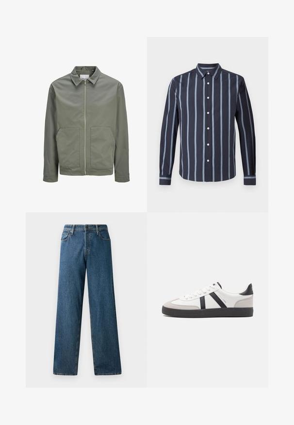 Jack & Jones JJWINSON WORKER - Καλοκαιρινό μπουφάν - agave green; Μπλε πουκάμισο με κάθετες ανοιχτό μπλε ρίγες, μακριά μανίκια και κλασικό γιακά. Διαθέτει λευκά κουμπιά και λεία υφή.; Σκούρο μπλε τζιν παντελόνι με χαλαρή εφαρμογή, ίσιες γραμμές, πέντε τσέπες και αντίθετες ραφές. Διαθέτει κλείσιμο με κουμπί και φερμουάρ μπροστά.; Λευκό αθλητικό παπούτσι με μαύρες και γκρί λεπτομέρειες, featuring ένα υφή γκρί καλύμμα δαχτύλου, μαύρη καουτσούκ σόλα και επίπεδες λευκές κορδόνες. Καθαρός σχεδιασμός, μινιμαλιστικό στυλ.