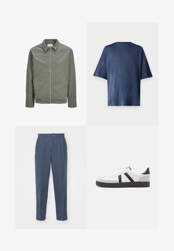 Jack & Jones JJWINSON WORKER - Καλοκαιρινό μπουφάν - agave green; Σκούρο μπλε κοντομάνικο T-shirt, φτιαγμένο από μαλακό ύφασμα, διαθέτει κλασικό λαιμόκομμα και άνετη εφαρμογή, χωρίς ορατά σχέδια ή λεπτομέρειες.; Only & Sons ONSPALE NEW LOOSE PANT - Παντελόνι - dark slate; Λευκό αθλητικό παπούτσι με μαύρες και γκρί λεπτομέρειες, featuring ένα υφή γκρί καλύμμα δαχτύλου, μαύρη καουτσούκ σόλα και επίπεδες λευκές κορδόνες. Καθαρός σχεδιασμός, μινιμαλιστικό στυλ.