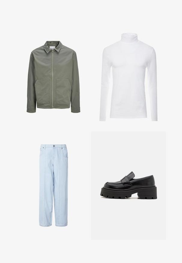 Jack & Jones JJWINSON WORKER - Kevyt takki - agave green; Valkoinen pitkähihainen poolopaita, joka on valmistettu pehmeästä ja joustavasta kankaasta. Siinä on korkea kaulus ja istuva muotoilu, mikä luo virtaviivaisen siluetin.; Vaaleansininen farkkujen leveälahkeiset housut, joissa on korkea vyötärö, kaksi edessä olevaa taskua ja näkyvät saumat. Kangas on pehmeää ja haalistunutta.; Mustat nahkakengät, joissa on paksu kumipohja, nostettu alusta ja nauha jalkapöydän yli. Liukas pinta ja pyöreä muoto.