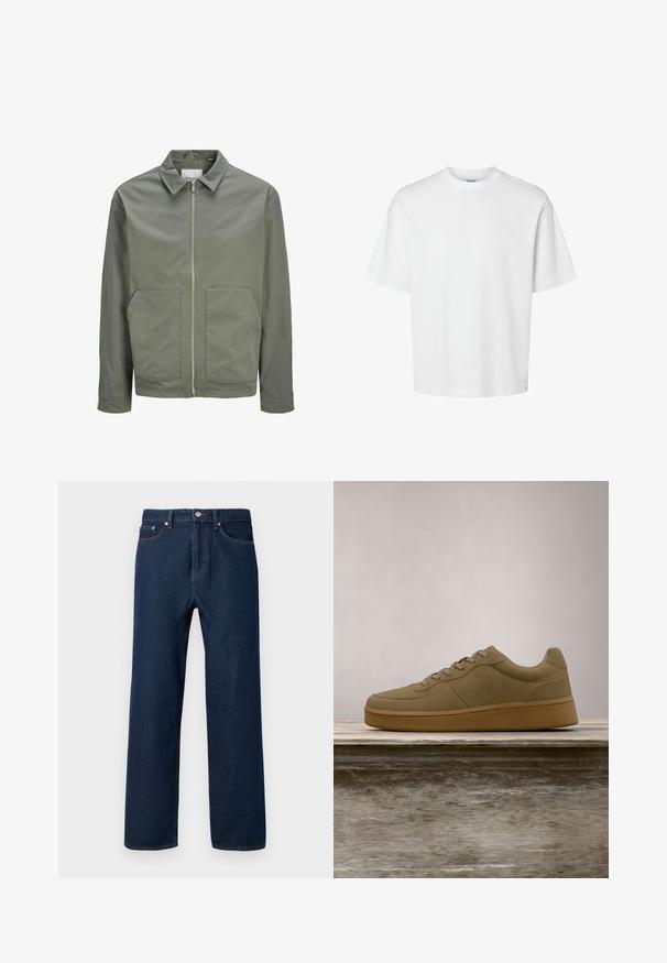 Jack & Jones JJWINSON WORKER - Καλοκαιρινό μπουφάν - agave green; Απλό λευκό κοντομάνικο μπλουζάκι με στρογγυλή λαιμόκοψη και άνετη εφαρμογή, εμφανιζόμενο σε λευκό φόντο.; Σκοτεινά μπλε τζιν παντελόνια με ίσια γραμμή, πέντε τσέπες και ορατή ραφή. Διαθέτουν κλείσιμο με κουμπί και θηλιά για ζώνη.; Πράσινο αθλητικό παπούτσι ελιάς με κορδόνια που αιωρείται πάνω από ένα ξύλινο παγκάκι, με θολά πράσινα φύλλα στο φόντο.