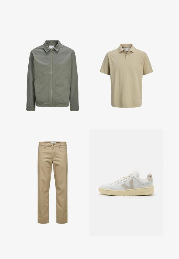 Jack & Jones JJWINSON WORKER - Καλοκαιρινό μπουφάν - agave green; Μπεζ πόλο μπλούζα από βαμβάκι, με κλασικό γιακά που κλείνει με κουμπιά, κοντά μανίκια και διακριτό λογότυπο στο στήθος.; Μπεζ παντελόνι με ευθεία γραμμή, θηλιές για ζώνη, κλείσιμο με κουμπί και εμπρόσθιες τσέπες, εμφανίζεται σε λευκό φόντο.; Λευκό δερμάτινο αθλητικό παπούτσι με μπεζ σουέτ λεπτομέρειες, υφασμάτινες επιφάνειες, επίπεδες κορδόνια και κρεμ καουτσούκ σόλα. Το λογότυπο "V-90" βρίσκεται στη φτέρνα.
