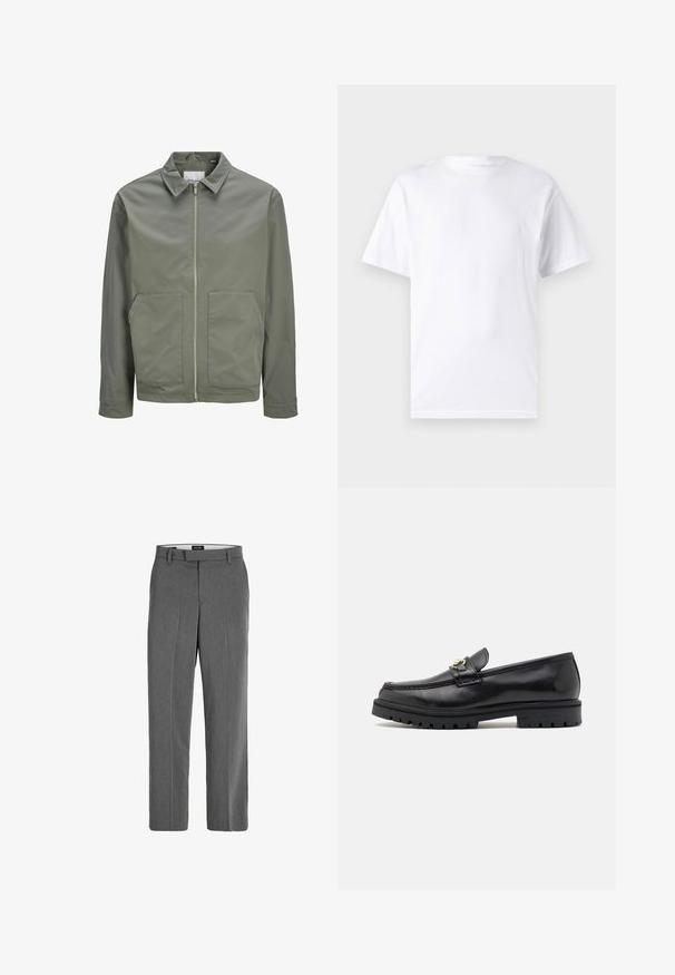 Jack & Jones JJWINSON WORKER - Καλοκαιρινό μπουφάν - agave green; Λευκό κοντομάνικο μπλουζάκι από βαμβάκι με στρογγυλή λαιμόκοψη, διαθέτοντας λεία υφή και απλό σχέδιο χωρίς μοτίβα ή διακοσμήσεις.; Γκρίζες παντελόνες με ομαλή υφή, ίσιο σχεδιασμό και διακριτό κάθετο σχέδιο. Διαθέτουν θηλιές ζώνης και μπροστινές και πίσω τσέπες.; Μαύρα δερμάτινα λευκά με λεία επιφάνεια, στρογγυλή μύτη, διακοσμητική ταινία με χρυσό υλικό και ανθεκτική μαύρη σόλα.