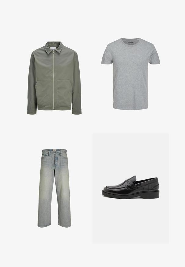 Jack & Jones JJWINSON WORKER - Καλοκαιρινό μπουφάν - agave green; Γκρι κοντομάνικο μπλουζάκι φτιαγμένο από μαλακό βαμβάκι. Διαθέτει κλασικό στρογγυλό λαιμό και κανονική εφαρμογή. Απλός σχεδιασμός χωρίς μοτίβα ή λεπτομέρειες.; Ανοιχτό μπλε τζιν παντελόνι σε φαρδιά γραμμή με ψηλή μέση, πέντε τσέπες, και εμφανή φθορά για ρετρό εμφάνιση.; Μαύρα δερμάτινα loafers με λεία επιφάνεια, στρογγυλή μύτη, χαμηλό τακούνι και διακοσμητικό ράψιμο μπροστά. Εξωτερική σόλα από καουτσούκ για πρόσφυση.