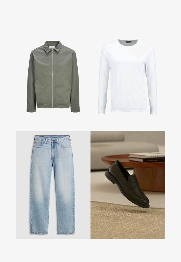 Jack & Jones JJWINSON WORKER - Καλοκαιρινό μπουφάν - agave green; Λευκό μακρυμάνικο μπλουζάκι από βαμβάκι, με στρογγυλή λαιμόκοψη και λεία υφή. Χωρίς σχέδια ή αξεσουάρ. Απλό σχέδιο.; Ανοιχτό μπλε τζιν με ίσια γραμμή, πέντε τσέπες, κλείσιμο με μεταλλικό κουμπί και ξεθωριασμένες λεπτομέρειες στους μηρούς και στα γόνατα, τοποθετημένο οριζόντια σε λευκό φόντο.; Μαύρο δερμάτινο μοκασίνι εμφανίζεται να αιωρείται πάνω από μπεζ υφαντό χαλί, με ξύλινο τραπέζι και στοιβαγμένα βιβλία σε ένα απαλά φωτισμένο σαλόνι.