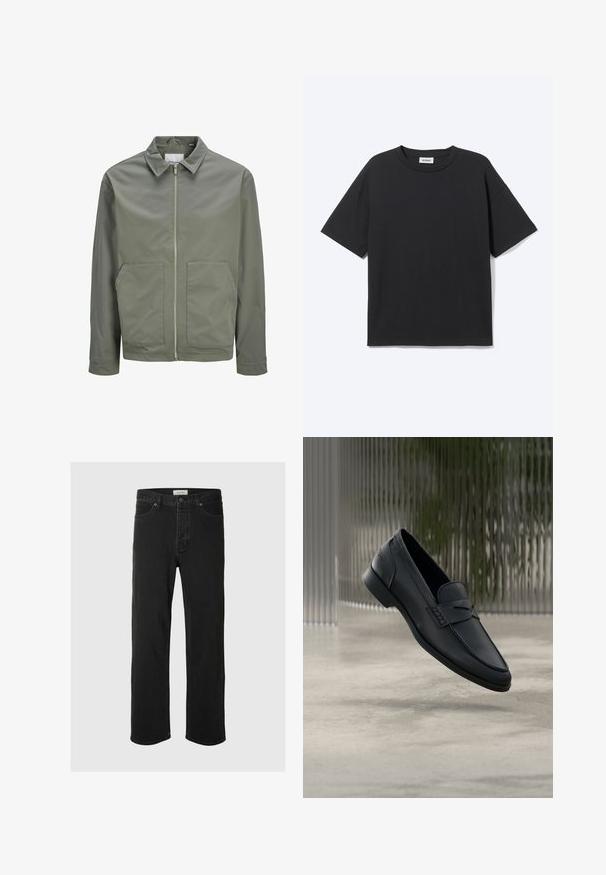 Jack & Jones JJWINSON WORKER - Καλοκαιρινό μπουφάν - agave green; Μαύρο κοντομάνικο T-shirt με στρογγυλή λαιμόκοψη και άνετη εφαρμογή, όψη από μπροστά, μονόχρωμο σχέδιο και ορατή ετικέτα της μάρκας Weekday μέσα στο γιακά.; Μαύρο τζιν παντελόνι σε ίσια γραμμή με κλασικό σχέδιο πέντε τσεπών, κούμπωμα με κουμπί, ελάχιστη ραφή και μαλακή υφή.; Μαύρο μοκασίνι από δέρμα με λείο φινίρισμα, μυτερή μύτη και ραμμένες λεπτομέρειες στο πάνω μέρος. Χαμηλός τακούνι και μινιμαλιστικός σχεδιασμός.